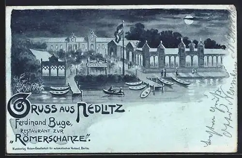 Mondschein-Lithographie Nedlitz / Potsdam, Restaurant zur Römerschanze v. Ferdinand Buge