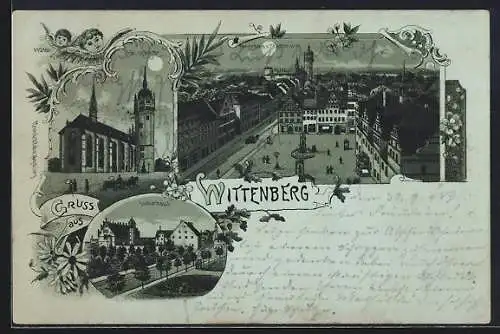 Mondschein-Lithographie Wittenberg / Elbe, Schlusskirche Lutherhaus, Panoramablick vom Stadtthurm