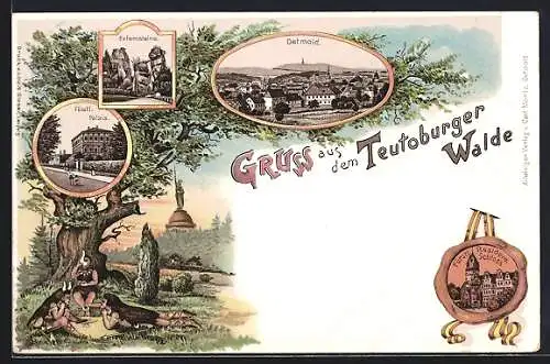 Lithographie Detmold /Teutoburger Wald, Externsteine, Fürstl. Palais, Ortsansicht
