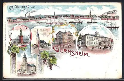 Lithographie Gernsheim a. Rhein, Schöffer-Denkmal, ev. Kirche, Grossherzogl. Realschule, Stadthaus