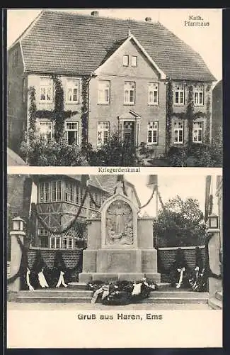 AK Haren /Ems, Kath. Pfarrhaus, Kriegerdenkmal
