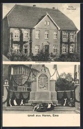 AK Haren /Ems, Kriegerdenkmal und das Kath. Pfarrhaus