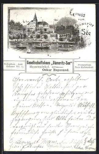 Lithographie Berlin-Hessenwinkel /Köpenick, Das Gesellschaftshaus Dämeritz-See v. Oskar Rapmund