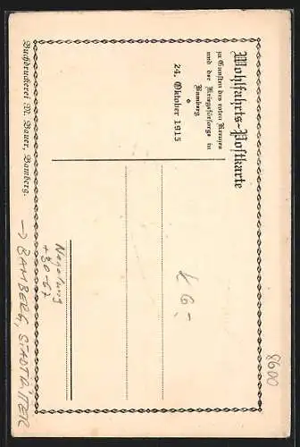 AK Bamberg, Wohlfahrts-Postkarte zugunsten des roten Kreuzes und der Kriegsfürsorge, Ritter mit Schild und Lanze