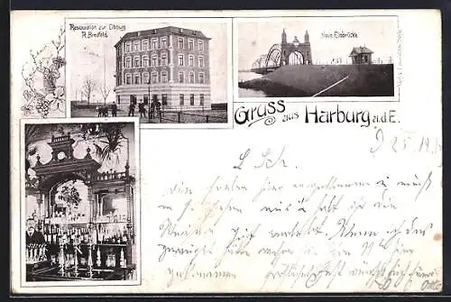 AK Hamburg-Harburg, Restaurant zur Elbburg v. R. Bredfeld mit Innenansicht, Neue Elbbrücke