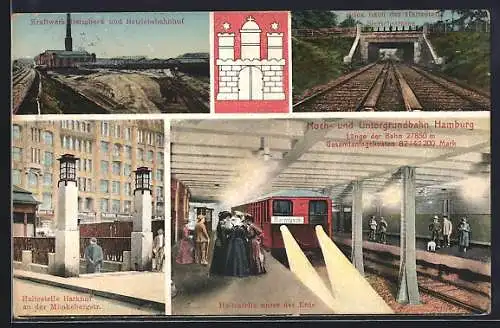 AK Hamburg-Barmbek, Hoch-und Untergrundbahn, Haltestelle Barkhof an der Mönkebergstrasse, Kraftwerk Barmbeck