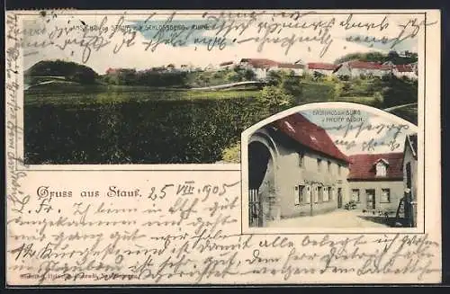 AK Stauf /Pfalz, Das Gasthaus zur Burg v. Philipp Bloim, Ortsansicht mit Schlossberg und Ruine