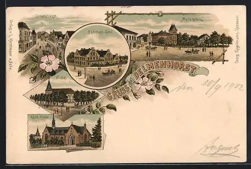 Lithographie Delmenhorst, Bahnhof-Hotel, Katholische Kirche, Marktplatz