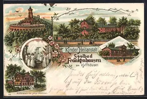 Lithographie Frankenhausen a. Kyffh., Kyffhäuser-Denkmal, Kinder-Bad, Kuranstalt für junge Mädchen