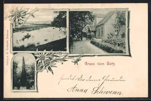 AK Batz, Strasse mit Gebäude, Obelisk und Seepartie mit Kahn