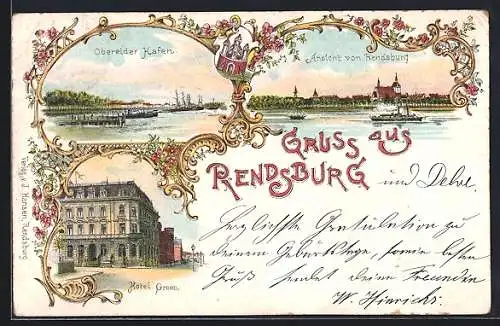 Lithographie Rendsburg, Hotel Green, Obereider Hafen