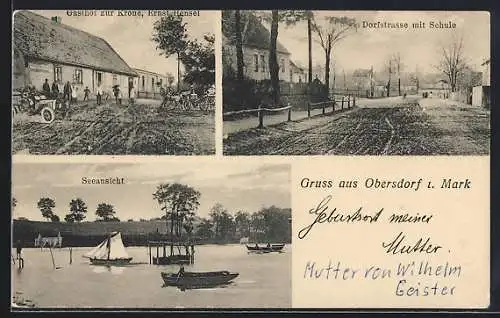 AK Obersdorf / Mark, Gasthaus zur Krone, Dorfstrasse mit Schule, Seeansicht