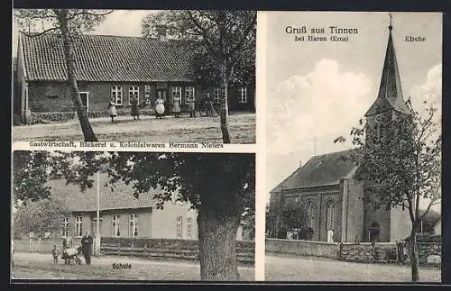 AK Tinnen bei Haaren /Ems, Gasthaus-Bäckerei Hermann Niefers, Schule und Kirche