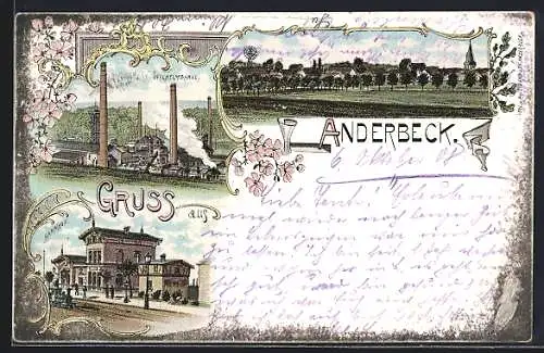 Lithographie Anderbeck, Bahnhof, Zeche Wilhelmshall, Ortspartie, Panorama