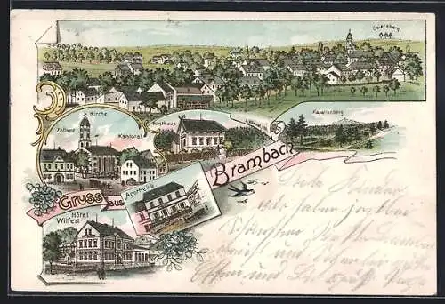 Lithographie Brambach / Vogtl., Totalansicht, Kirche, Forsthaus, Hotel Wilfert