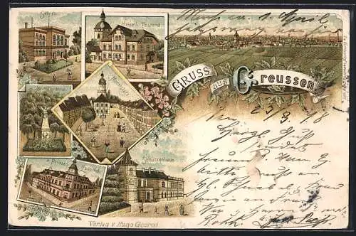 Lithographie Greussen, Schützenhaus, Gasthaus z. Prinzen Leopold, Kriegerdenkmal, Marktplatz