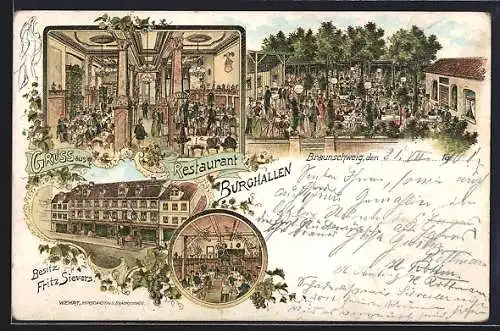 Lithographie Braunschweig, Restaurant Burghallen F. Sievers mit Garten und Saal