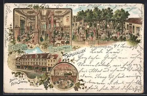 Lithographie Braunschweig, Restaurant Burghallen Fritz Sievers mit Garten und Saal