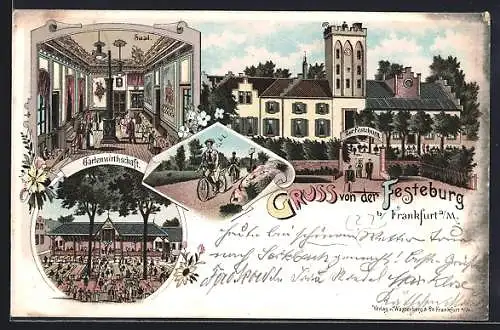 Lithographie Frankfurt-Seckbach, Gasthof Festeburg mit Saal und Gartenwirtschaft
