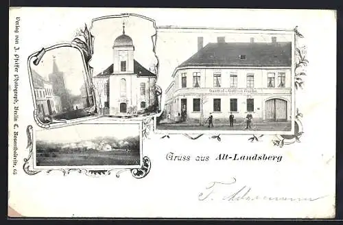 AK Alt-Landsberg, Gasthof Gottlieb Fincke, Kirchen, Strassenpartie