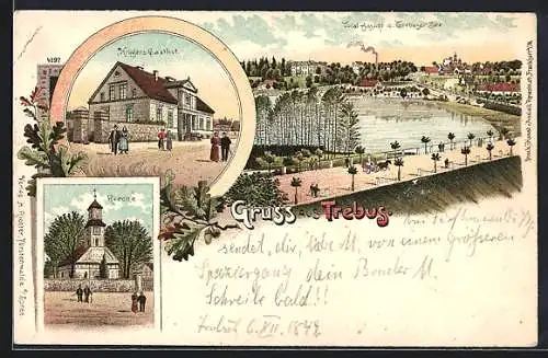Lithographie Trebus /Spree, Krügers Gasthof, Totalansicht mit Trebuser See u. Uferstrasse