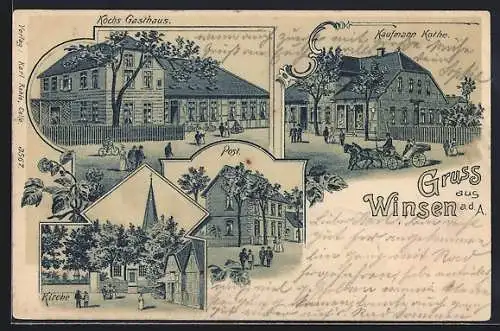 Lithographie Winsen / Aller, Kochs Gasthaus, Kaufmann Kothe, Post u. Kirche
