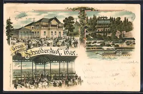 Lithographie Trier, Restaurant Schneidershof, Speisesaal, Flusspartie mit Dampfer Mosel