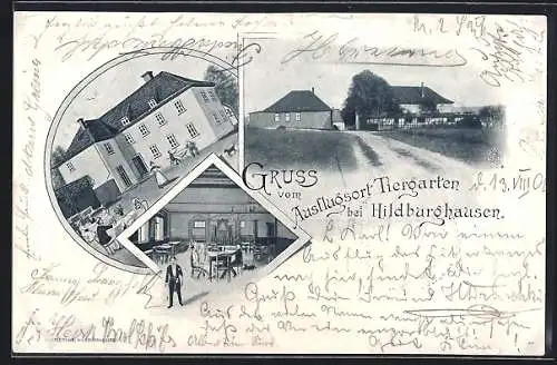 AK Friedrichsanfang / Hildburghausen, Ortsrand mit Blick zum Ausflugsort Tiergarten, Gebäudeansicht mit Speisesaal