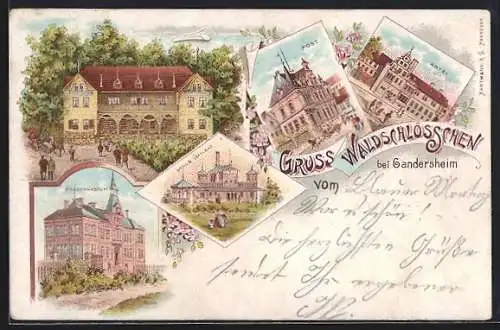 Lithographie Gandersheim, Gasthaus Waldschlösschen, Abtei, Post, Progymnasium