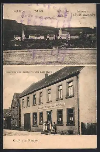 AK Ramsen, Gasthaus-Metzgerei Karl Hepp, Ortspanorama mit Ferienheim der Stadt Ludwigsfelde