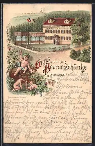 Lithographie Loschwitz, Gaststätte u. Weinkelterei Beerenschänke F. Kotzsch mit Umgebung, Kinderfiguren mit Weinfass