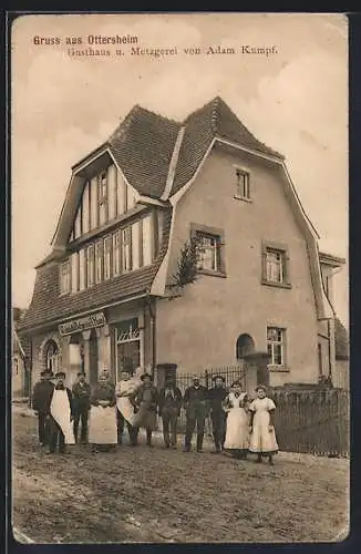AK Ottersheim / Göllheim, Gasthaus-Metzgerei Adam Kumpf mit Strasse und kleiner Versammlung