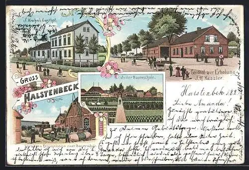 Lithographie Halstenbek, J. Krohns Gasthof, Gasthaus zur Erholung, In der Baumschule