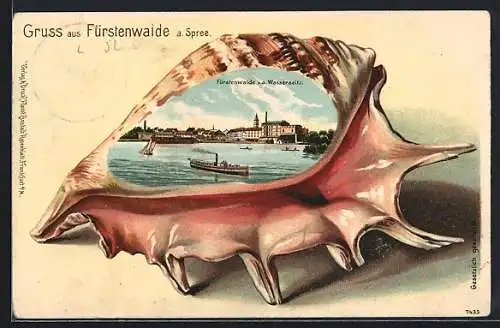 Passepartout-Lithographie Holzminden, Flusspartie mit Dampfer, Muschel