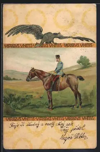 Künstler-AK Raphael Kirchner: Viribus Unitis, Aar, Kaiser Franz Josef I. von Österreich zu Pferde