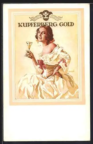 AK Kupferberg Gold, junge Dame mit Sektglas, Reklamekarte für Sekt