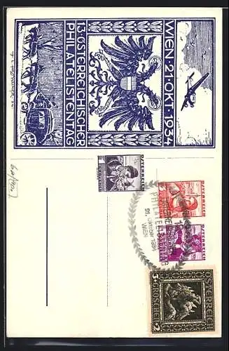 Künstler-AK sign. L. Hesshaimer: Wien, 13. Österreichischer Philatelistentag 21.10.1934, Postkutsche, Flugzeug