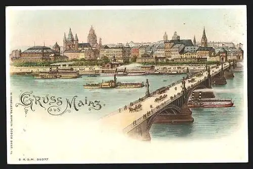 Lithographie Mainz, Stadt von der Brücke gesehen, Halt gegen das Licht: beleuchtete Fenster