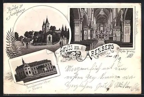 Vorläufer-Lithographie Arenberg, 1895, Dominikanerinnen-Kloster, Kirche mit Innerem