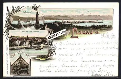 Vorläufer-Lithographie Lindau i. B., 1895, Teilansicht vom See gesehen, Hafeneinfahrt, Rathaus