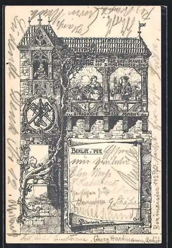 Lithographie Berlin, Winterfest der Bau Innung 1911, Bund der Bau-Maurer und Zimmermeister