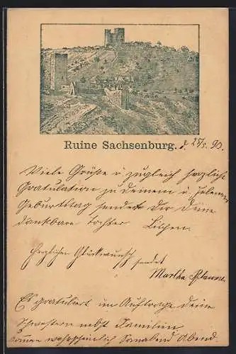 Vorläufer-Lithographie Sachsenburg / Thüringen, 1893, Ruinen der oberen und unteren Sachsenburg