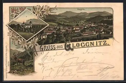 Lithographie Gloggnitz, Ansicht aus der Vogelschau, Schloss Wartenstein, Hirsch