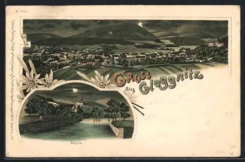 Lithographie Gloggnitz, Wehre bei Nacht, Ortsansicht
