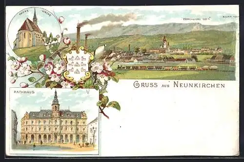 Lithographie Neunkirchen, Rathaus, Peterskirche, Ortsansicht gegen Türkensturz