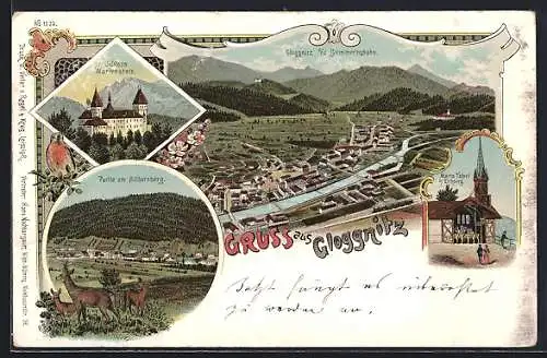 Lithographie Gloggnitz, Ortsansicht mit Schloss Wartenstein und Partie am Silbersberg