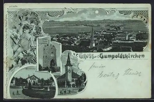 Mondschein-Lithographie Gumpoldskirchen, Restaurant Richard Hof, Rathaus, Wilhelm-Warte am Amninger