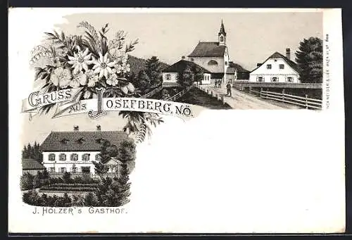 Lithographie Annaberg /N. Ö., Josefsberg, Gasthof J. Holzer, Strassenpartie mit Kirche