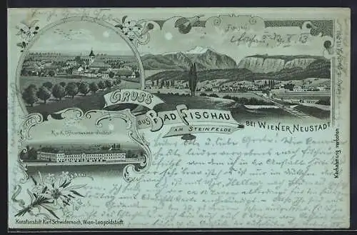 Mondschein-Lithographie Bad Fischau am Steinfelde, Teilansicht, K. u. K. Officierswaisen-Institut, Ortspartie