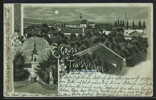 Mondschein-Lithographie Traiskirchen, Ortspartie, Pfarrkirche